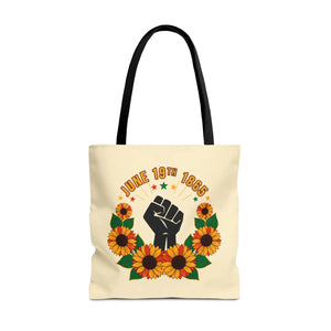 Juneteenth celebration tote bag – ’june 19th 1865’ sunflower & black power fist aop - bags