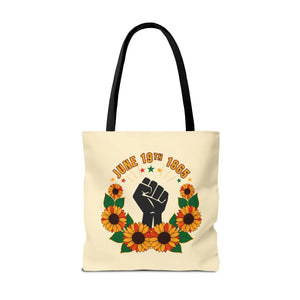 Juneteenth celebration tote bag – ’june 19th 1865’ sunflower & black power fist aop - bags