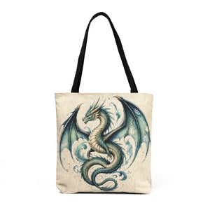Dragon Woven Tote — Teal Fantasy Dragon Cross-Stitch Style Canvas Bag