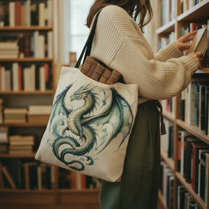 Dragon Woven Tote — Teal Fantasy Dragon Cross-Stitch Style Canvas Bag