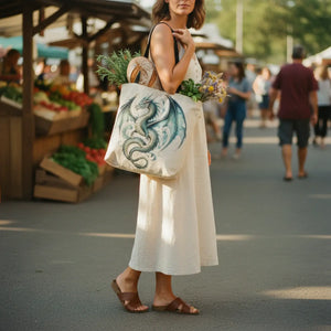 Dragon Woven Tote — Teal Fantasy Dragon Cross-Stitch Style Canvas Bag