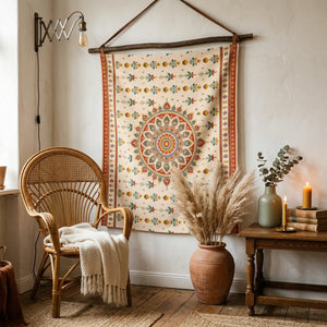 Bohemian mandala wall tapestry, earthy floral indian-inspired decor - decorative tapestries