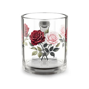 Red and pink garden roses printed on a clear DipaliZ glass mug