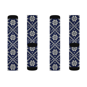 Navy Ikat Floral Sublimation Socks — Patterned Crew Socks