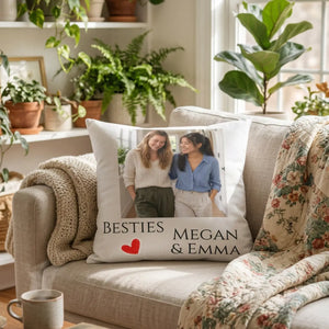 Personalized Besties Photo Pillow — "Besties" with Names (Megan & Emma)