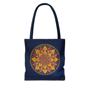 Mandala Floral Tote Bag — Vibrant Boho Lotus Design on Navy