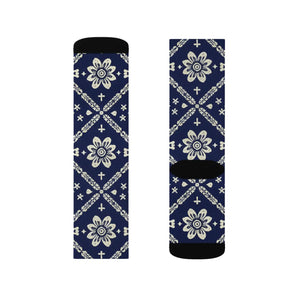 Navy Ikat Floral Sublimation Socks — Patterned Crew Socks