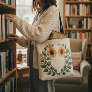 Sunflower Cross-Stitch Woven Tote Bag — Floral Farmhouse Market Tote