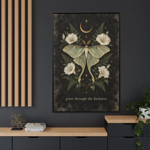 Framed canvas wall art luna moth “grow through the darkness” botanical decor - printable