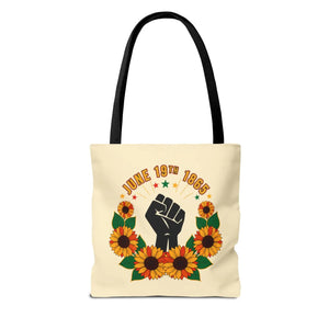 Juneteenth celebration tote bag – ’june 19th 1865’ sunflower & black power fist aop - bags