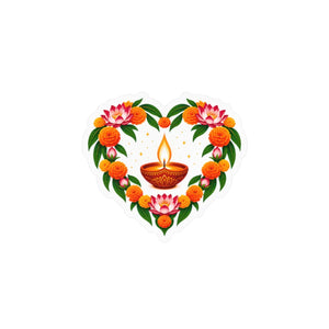 Heart-shaped diya and marigold floral vinyl decal - home decor decals