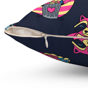 Cute Neon Raccoon Pattern Square Pillow — Colorful Cartoon Accent Cushion