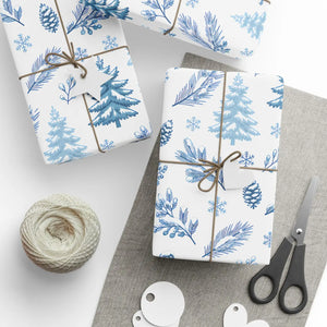 Winter Blue Feather Wrapping Paper Roll — Elegant Feather & Pinecone Gift Wrap