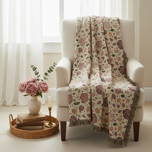 A woven throw blanket with a cream background and a repeating floral and botanical pattern in muted pink, terracotta, and olive green, draped over a brown armchair against a white background.