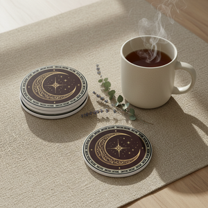 Ornate Crescent Moon coaster | Ceramic Coaster, Celestial Star Design