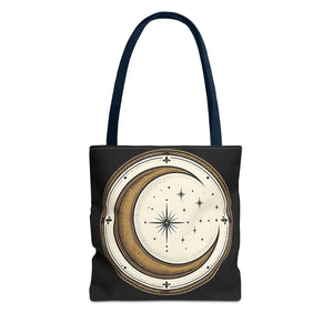 Celestial Crescent Moon Tote Bag – Vintage Starry Night AOP Canvas