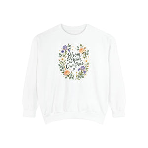 DipaliZ sweatshirt lettered Bloom At Your Own Pace in pastel florals