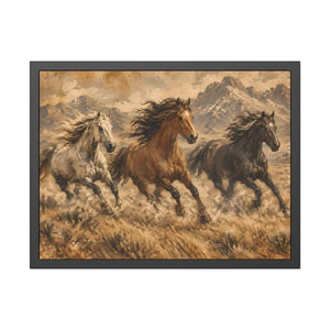 Framed paper poster – wild horses running through mountain landscape - posters