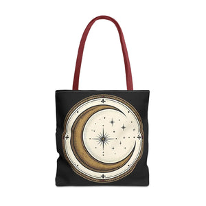 Boho and witchy styling with the DipaliZ crescent moon starry night canvas tote