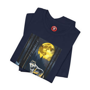 A wolf in a moonlit forest with a full moon, Unisex Jersey Short Sleeve Tee