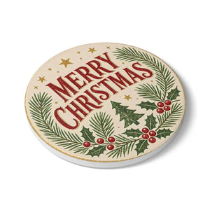 Merry Christmas Ceramic Coaster — Festive Pine & Holly Holiday Drink Coaster