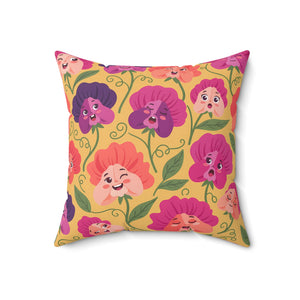 Floral Pansy Face Decorative Pillow — Cheerful Yellow Botanical Throw Pillow