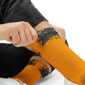 Witches Graphic Socks — Yellow Sublimation Crew Socks with “Girls will be girls” Design