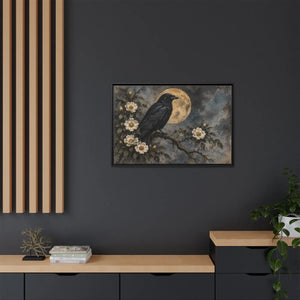 Framed canvas wall art – gothic raven and moon floral painting - printable