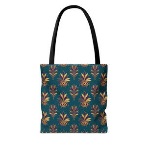Evil Eye Floral Tote Bag – Boho Teal Printed Everyday Shopper