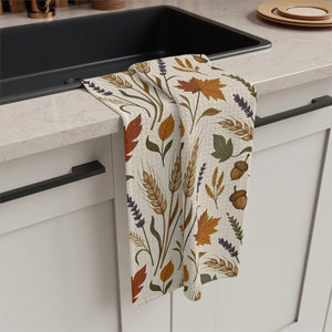 Autumn Harvest Microfiber Tea Towel – Fall Leaves, Wheat & Acorn Kitchen Towel