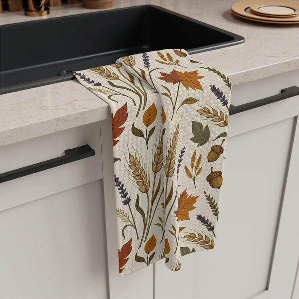Autumn Harvest Microfiber Tea Towel – Fall Leaves, Wheat & Acorn Kitchen Towel