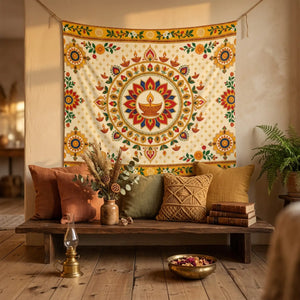 Diwali mandala oil lamp indoor wall tapestry - decorative tapestries
