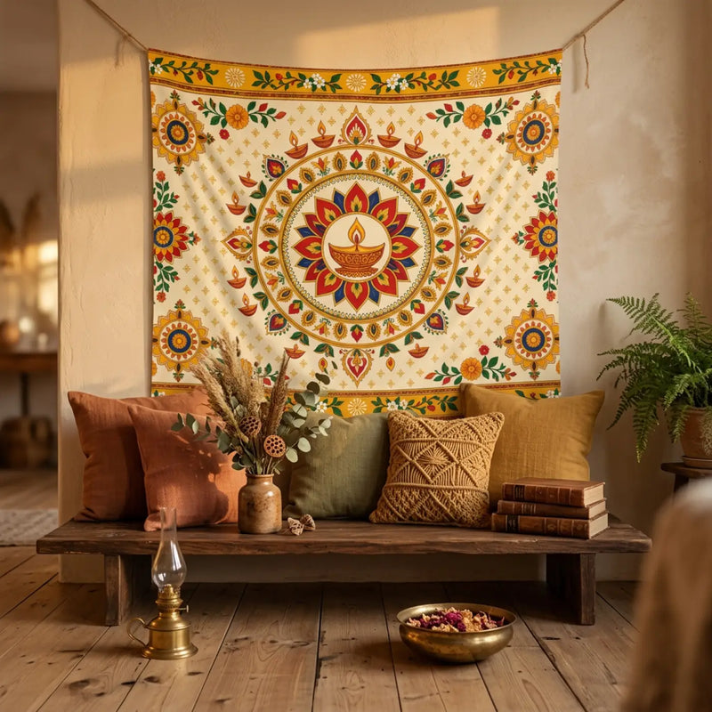 Diwali Mandala Oil Lamp Indoor Wall Tapestry