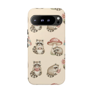 A beige phone case featuring a cute repeating pattern of cartoon raccoons, mushrooms, and flowers, shown on a plain white background.
