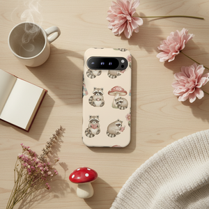 Cute Raccoon Pattern Phone Case – Beige Mushroom & Floral Tough Cases