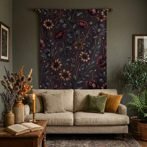 Dark floral botanical wall tapestry - decorative tapestries
