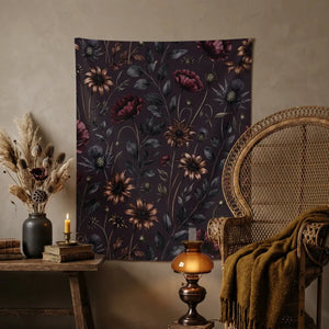 Dark floral botanical wall tapestry - decorative tapestries