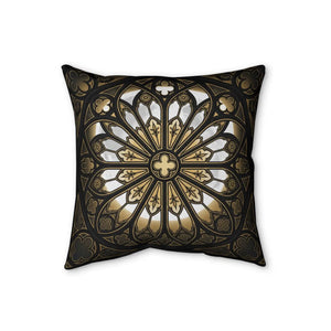 Gold stained glass tracery on black, DipaliZ rose window cushion