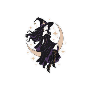 Mystical witch on crescent moon kiss-cut vinyl decal - home decor decals