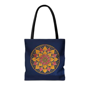 Mandala Floral Tote Bag — Vibrant Boho Lotus Design on Navy