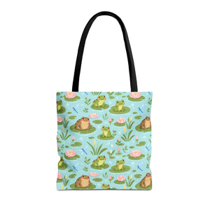 Frog Pond Pattern Tote Bag — Cute Lily Pad Frog All-Over Print Tote