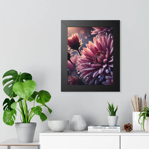 Chrysanthemum with dew drops framed vertical poster - posters