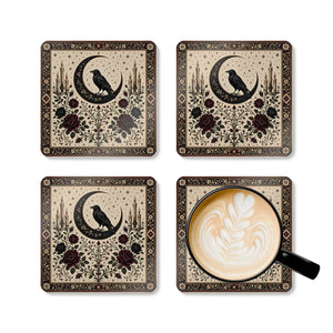 Mystic Raven & Crescent Moon Cork Coaster Set — Gothic Floral Drink Coasters