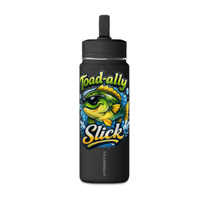 Toad-ally Slick cartoon fish printed on a black DipaliZ insulated sports bottle