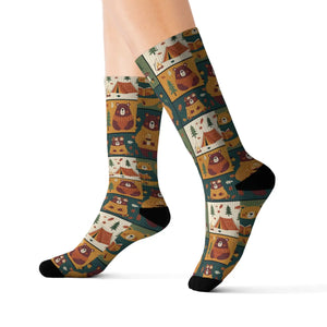 Autumn Patchwork Fox Socks — Cute Fall Animal Sublimation Crew Socks