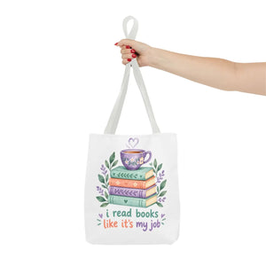 Book Lover Tote Bag — “I Read Books Like It’s My Job” Illustrated Stack & Tea