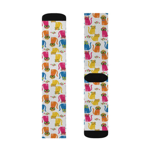 Colorful Cat Pattern Sublimation Socks — Cute Novelty Crew Socks for Cat Lovers
