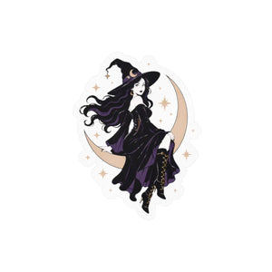 Mystical witch on crescent moon kiss-cut vinyl decal - home decor decals