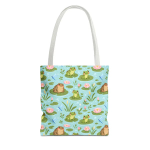 Frog Pond Pattern Tote Bag — Cute Lily Pad Frog All-Over Print Tote