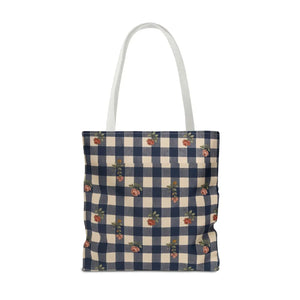 Gingham Rose Tote Bag — Vintage Navy Check Floral All-Over Print Tote